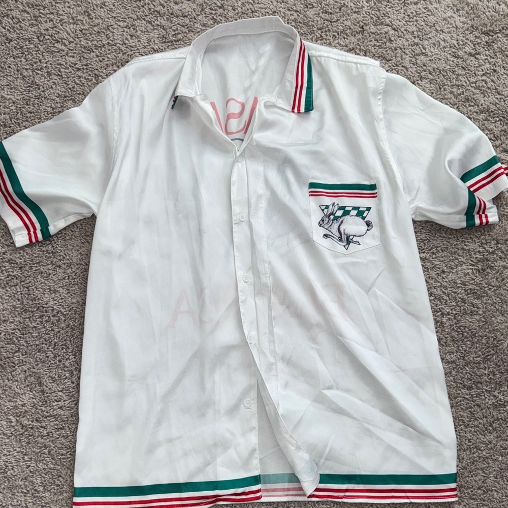 White Short-Sleeve Polo Shirt with Green & Red Trim